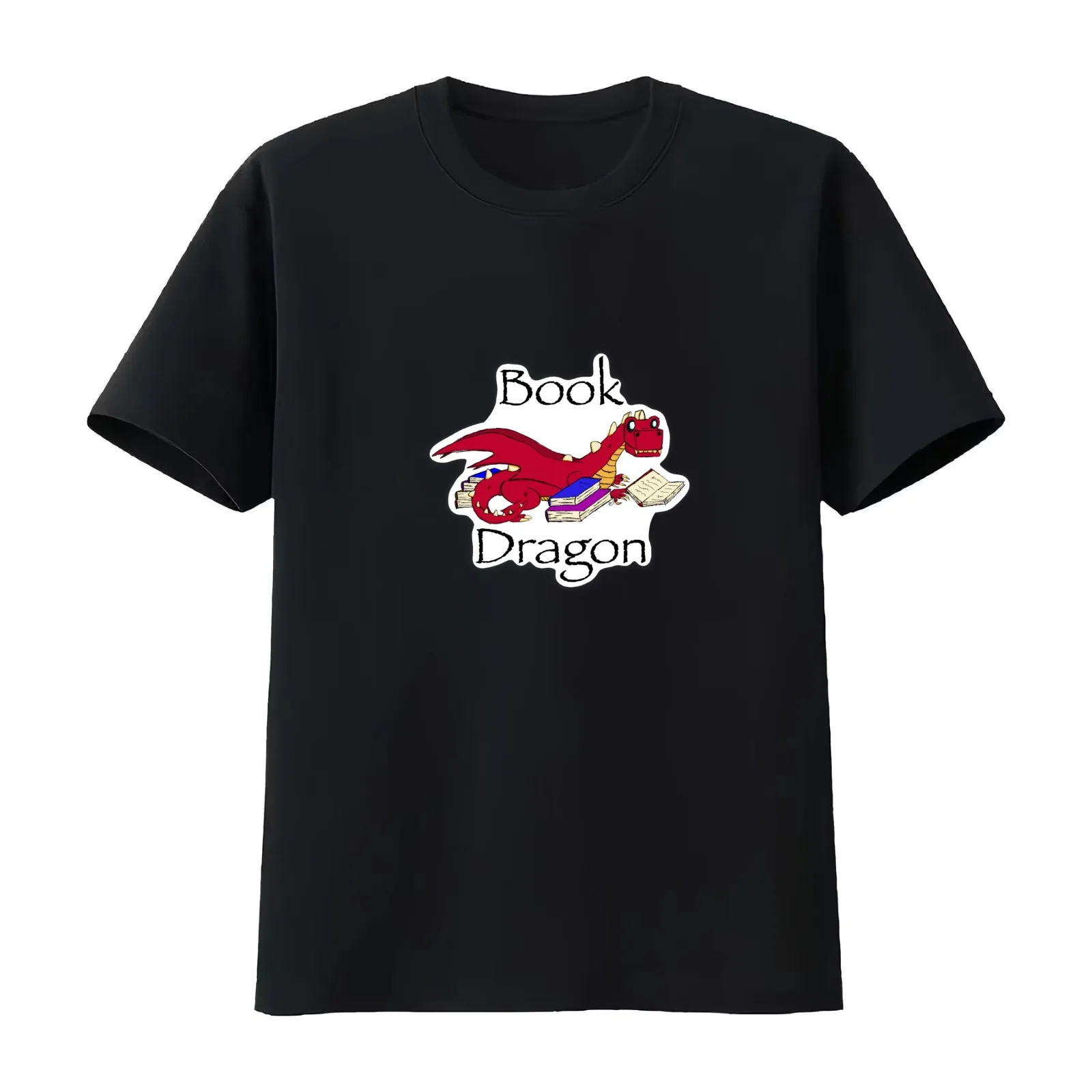 Book Dragon hoarder of books. Picture of a small red dragon with some books. T-Shirt Summer Casual Cotton Tee Unisex Men Women