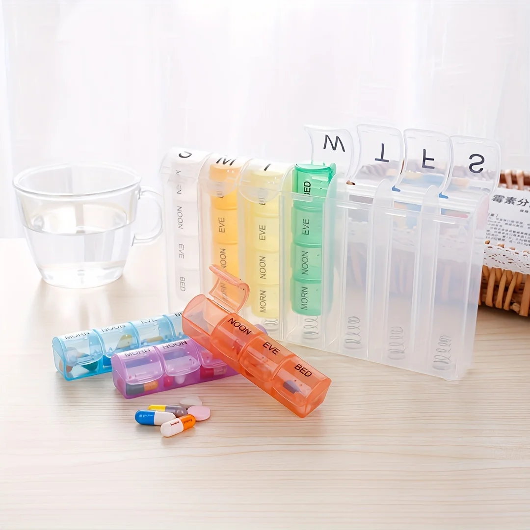 Caixa de comprimidos arco-íris semanal 28 grades 4 vezes ao dia organizador de comprimidos portátil assistido por mola fácil de abrir para vitaminas e