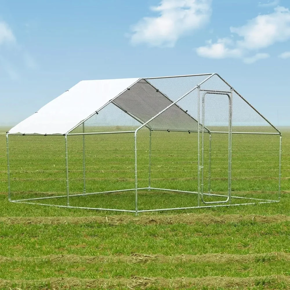 

large metal chicken coop, outdoor walk-in poultry spire top cage with climbing frame waterproof&anti-uv cover, for hen house, d