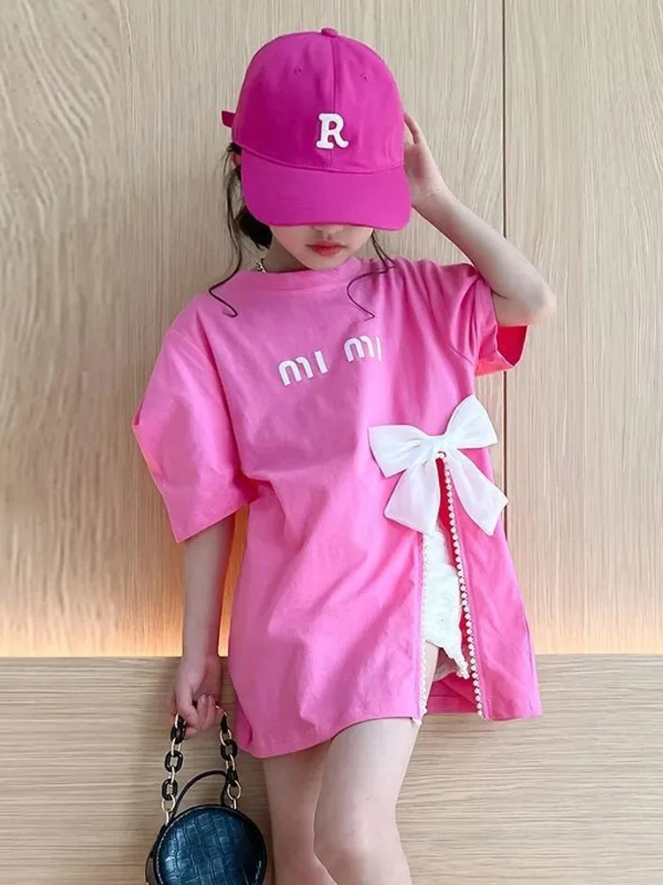 Girls Summer Svel T-irt Dr Loose Thin Korean Sle Split Casual Cotton Blend Top for Young Girls under 7
