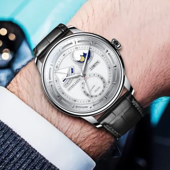 

LOBINNI Мужские автоматические часы 41 мм Механические наручные часы с фазой Луны 50 м Водонепроницаемый сапфировый кожаный ремешок Кинетический запас энергии