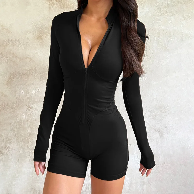 

New solid color sexy backless hot girl jumpsuit European and American women's zipper slim long sleeve tights female