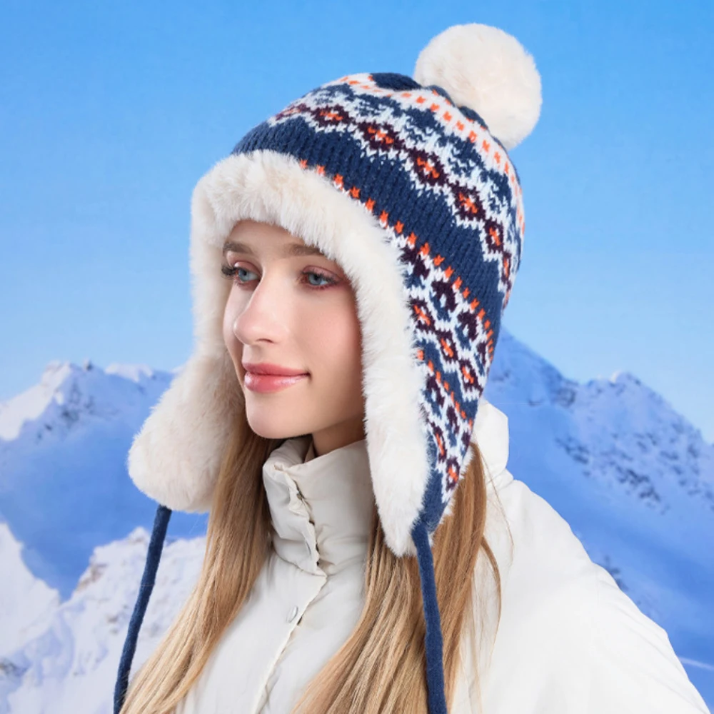 HT4519 Thick Warm Winter Hats for Women Fleece Lined Knitted Beanie Hat Ladies Riding Ski Trapper Earflap Cap Female Russian Hat