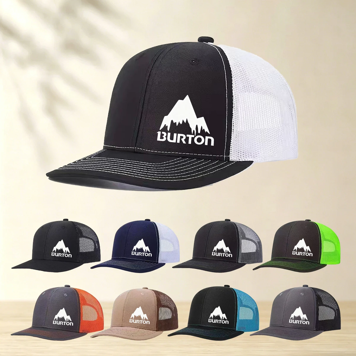 1PC Burton Mountain Logo Truck Cap Breathable Mesh Baseball Cap Lightweight Outdoor Sun Hat Suitable for Both Men and Women