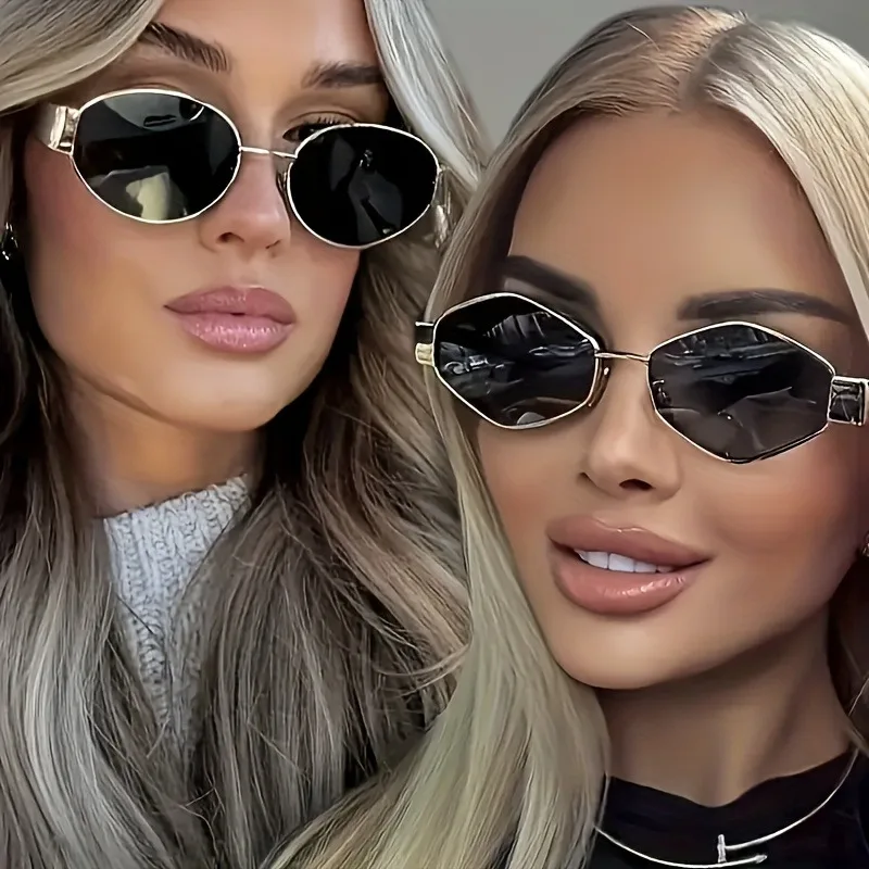 2pcs Ladies Y2K Vintage Oval‑Hexagon Eyeglasses, Gold Metal Frame with Dark Lenses