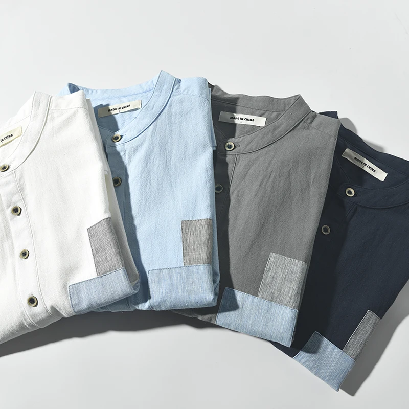 New Stylish Short-sleeved Linen Quality Pullover T Shirt Men Brand Trendy Comfortable Stand Collar Top Clothes 4Colors Vetement