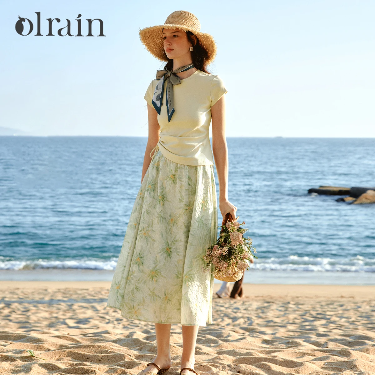 

OLrain Two-Piece Skirt Set Women 2026 Summer New Drawstring Top Green Floral Print Midi Skirt French Elegant Outfit O58XE005090