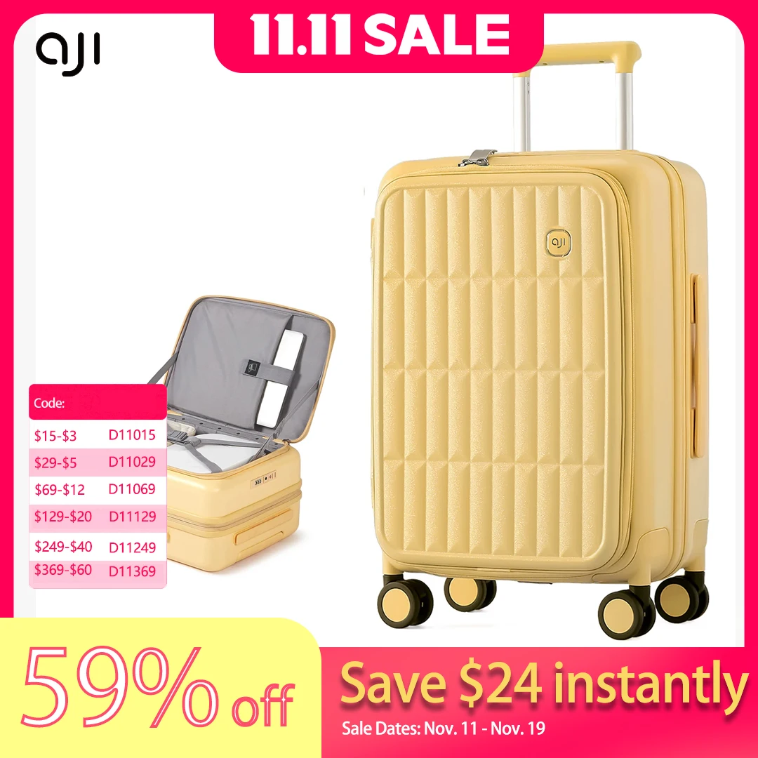 

AJI Travel Suitcases Front Opening Design Trolley Case 100% Pc Large Size Luggage 20 24 26 Inch Front Laptop Pocket