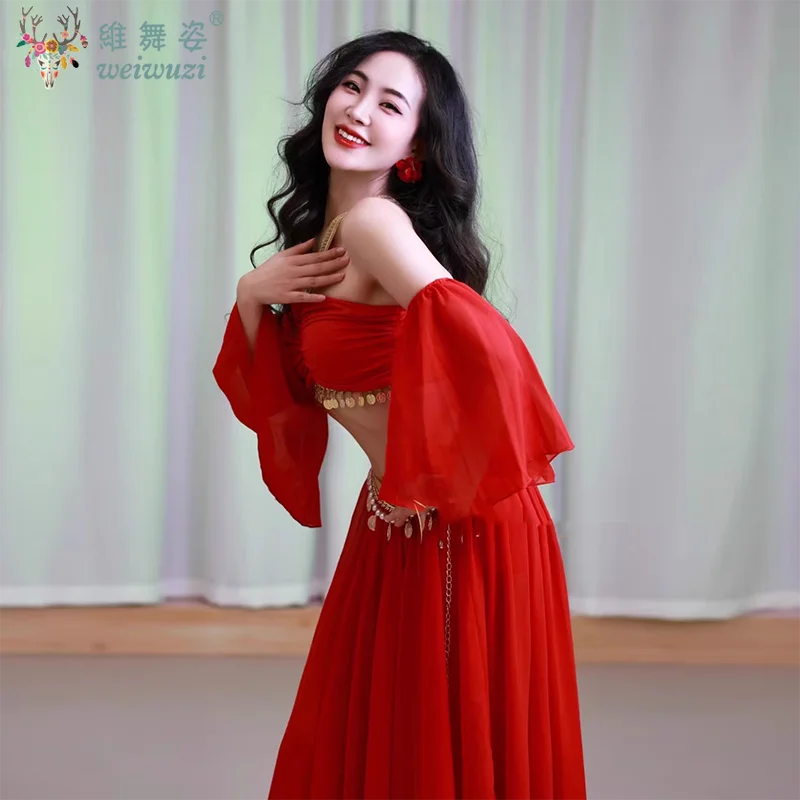 Conjunto de prática de dança do ventre para mulheres, top sem mangas + saia longa dividida sexy + mangas, trajes de performance de dança oriental para adultos