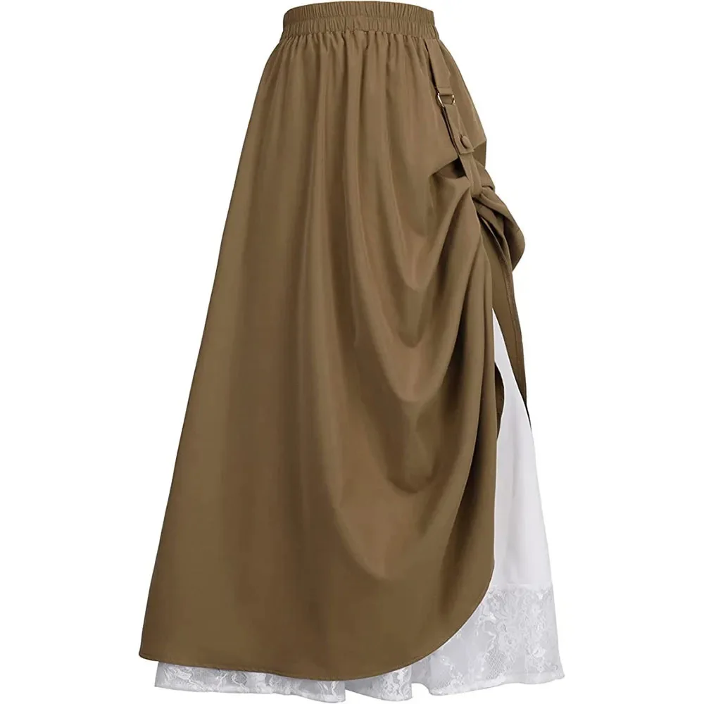 Retro Style Double-layer Lace Splicing High Waist A-shaped Skirt Medium and Long Swing Skirt Women