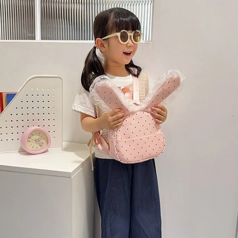 Casual Star Bunny Ear Backpack Lace Love Heart Rabbit Ear School Bag Scratch Prevention Korean Style Polka Dot Backpack Girls