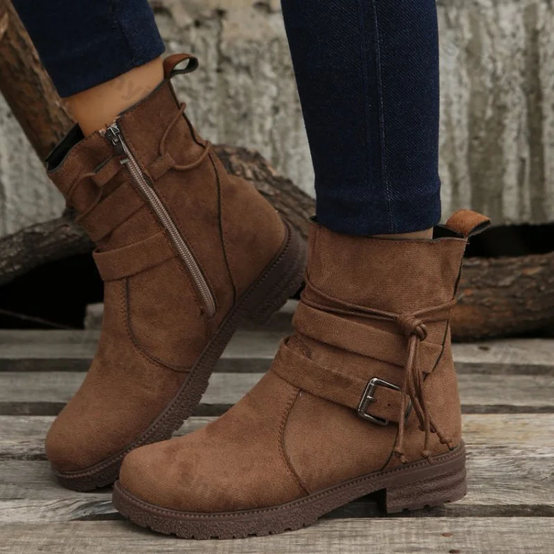 

Women Retro Brown Platform Buckle Round Toe Boots Autumn Winter Side Zipper Ankle Boots Woman Thick Sole Faux Suede Botas Mujer