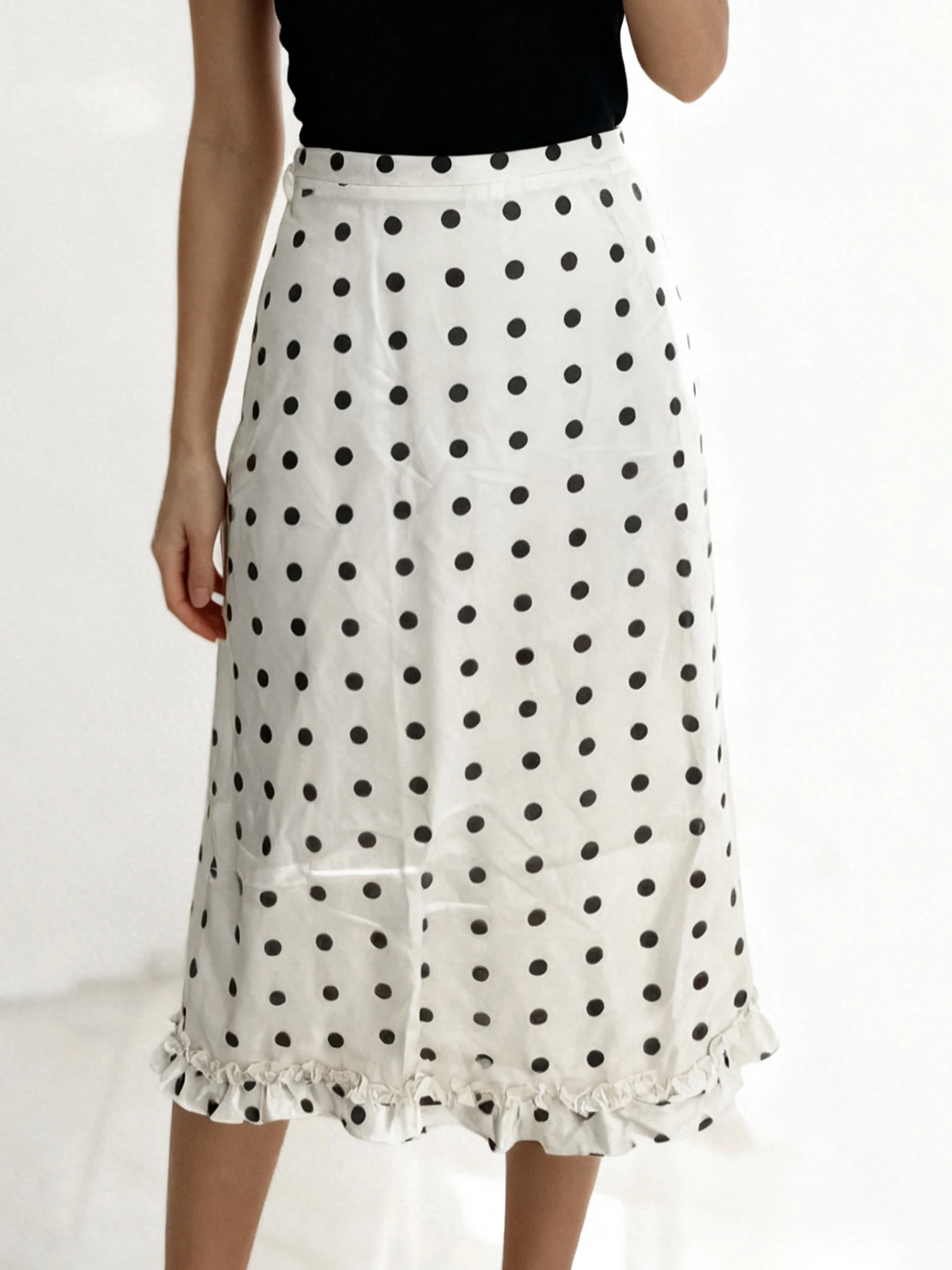 Womens Midi Skirt Casual Ruffled Trim Stylish Dot Print Mid Rise Skirt for Daily Life Club Party and More