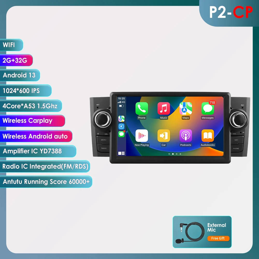 OSSURET 1Din 8G 128G Carplay Android 14 autoradio voor FIAT Grande Punto Linea 2007-2012 GPS multimediaspeler navigatie 7862