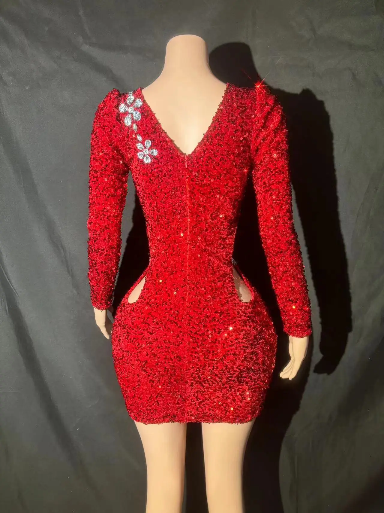 Sparkly Red Sequins Rhinestones Short Dress Women Sexy Stage Hollow Waist Party Evening Celebrate Birthday Dress Festival Gowns