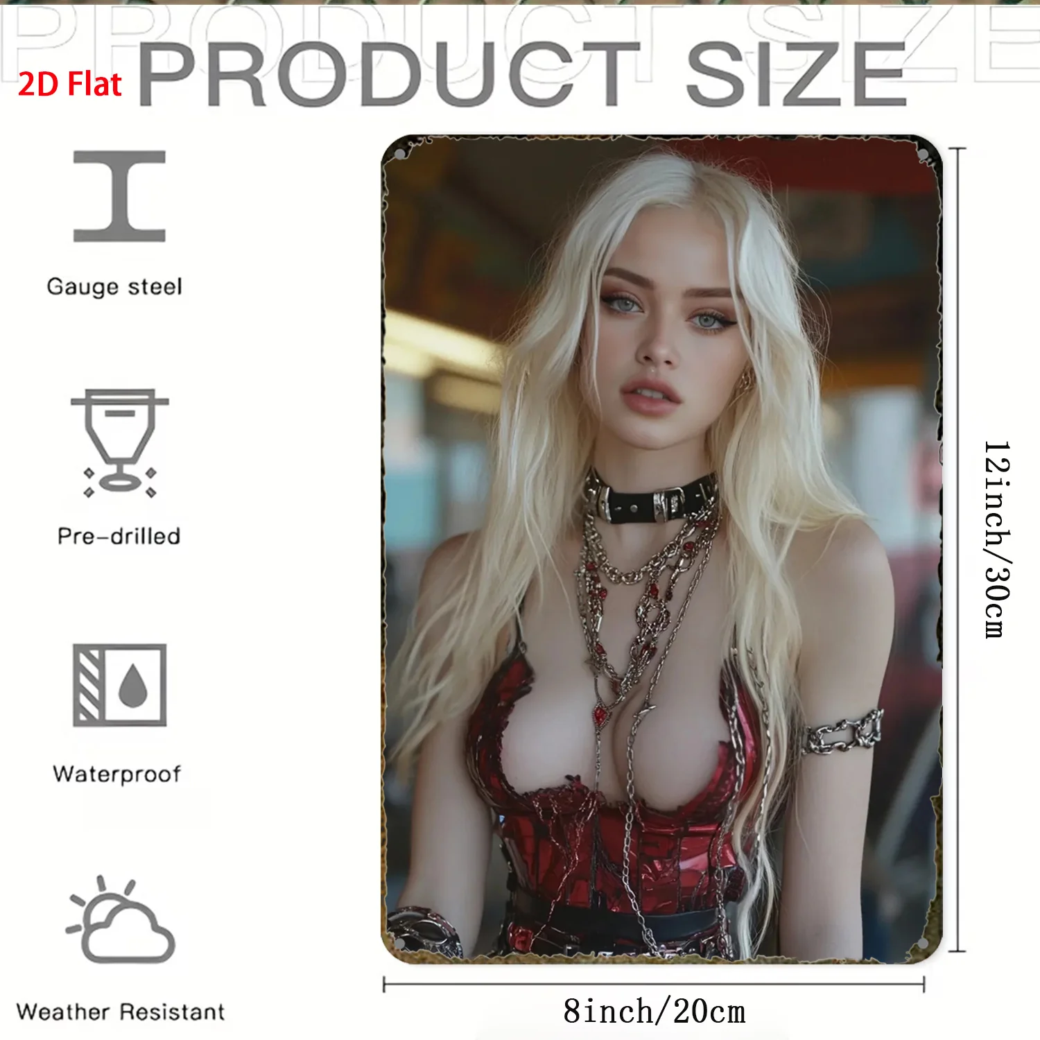 Retro Metal Tin Sign, Blonde Woman In Red Corset With Chains Print, Gothic Style Wall Decor for Home, Room, Club & Gift
