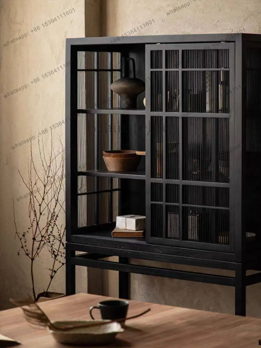 

Retro solid wood dining side cabinet hollow sliding door living room storage high cabinet light luxury