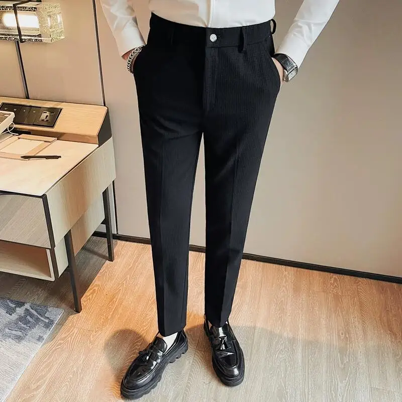 Men\'s Waffle Casual Pants Fashion Korean Stretch Waist Business Formal Pants Mens Social Party Suit Pants Streetwear Pencil Pant