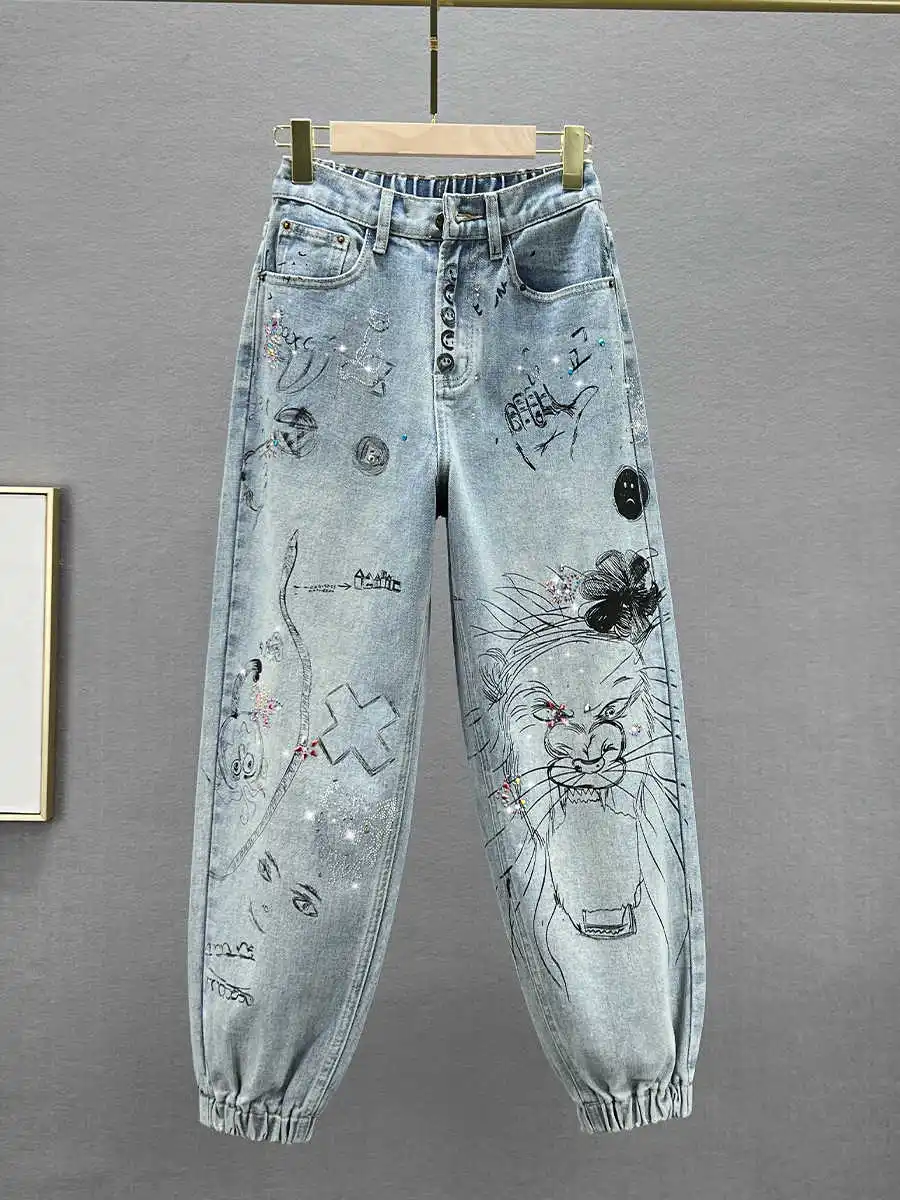 Harlan Jeans Women's Spring High Waisted Loose Graffiti Print Hot Stamping Fashionable Versatile Casual Pants 2024 New Item