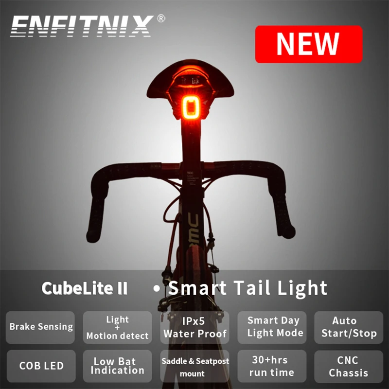 Enfitnix CubeLite II Bike Smart Brake Sensing Taillights USB MTB Road Bicycle Night Riding Light LED Alert Long Strip Lights USB