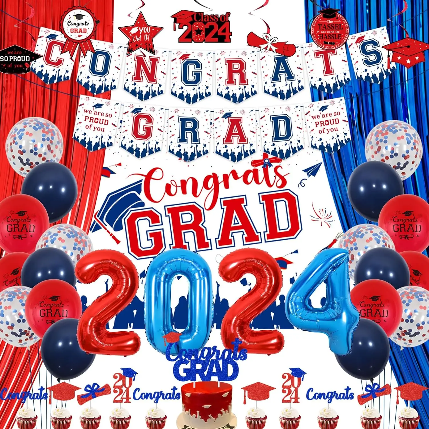 

2024 Graduation Party Decor Congrats Grad Banner Cake Topper Hanging Swirls Balloons Tinsel Curtains for Class of 2024 Grads