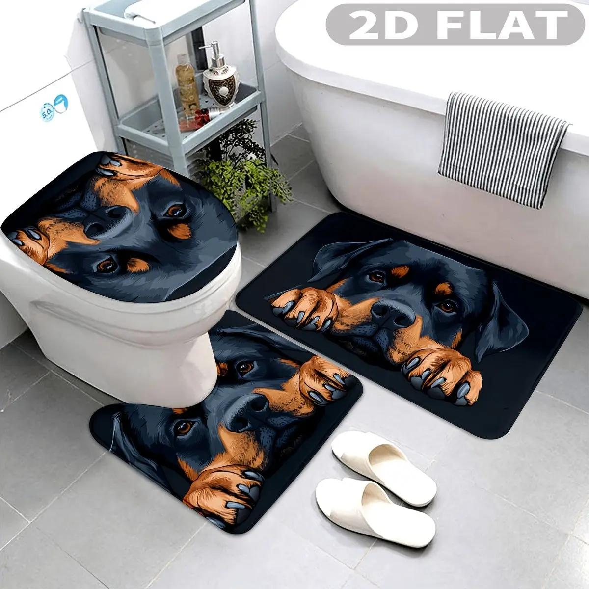 

3pcs Bathroom Rug Set Rottweiler Dog Face And Paws 3pcs Bath Mats Set for Bathroom Non-Slip Cover Mat