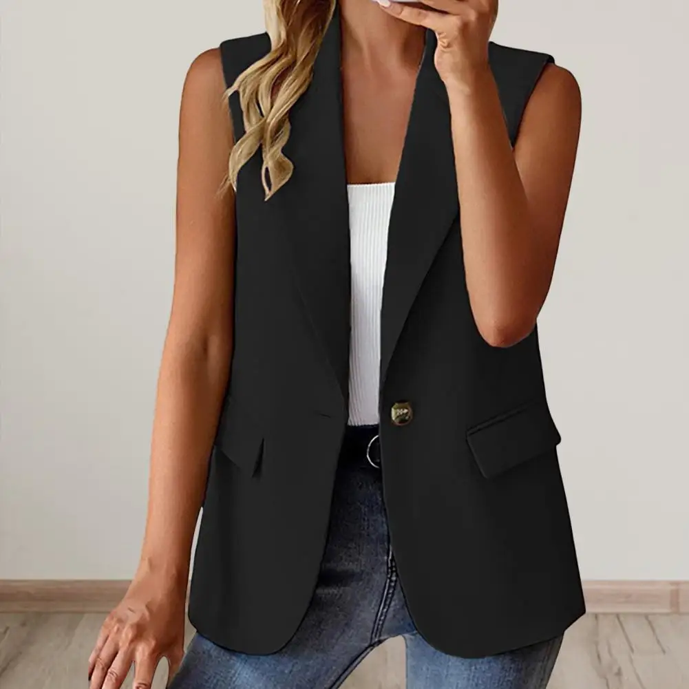 Women Summer Waistcoat Sleeveless Business Vest Coat Solid Color Pockets Single Button Straight Formal OL Style Commute Coat