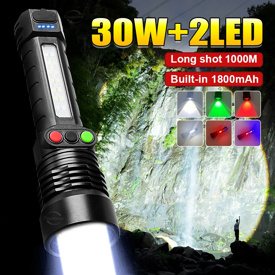 High Power Flashlight White/Red Green Light 3 Colors Multifunctional Rechargeable Zoom Flashlight Outdoor Camping Hunting Torch