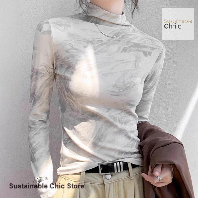 

French plus-size velvet ink tie-dye semi-high collar bottoming shirt women's new slim long-sleeved warm top in spring and autumn