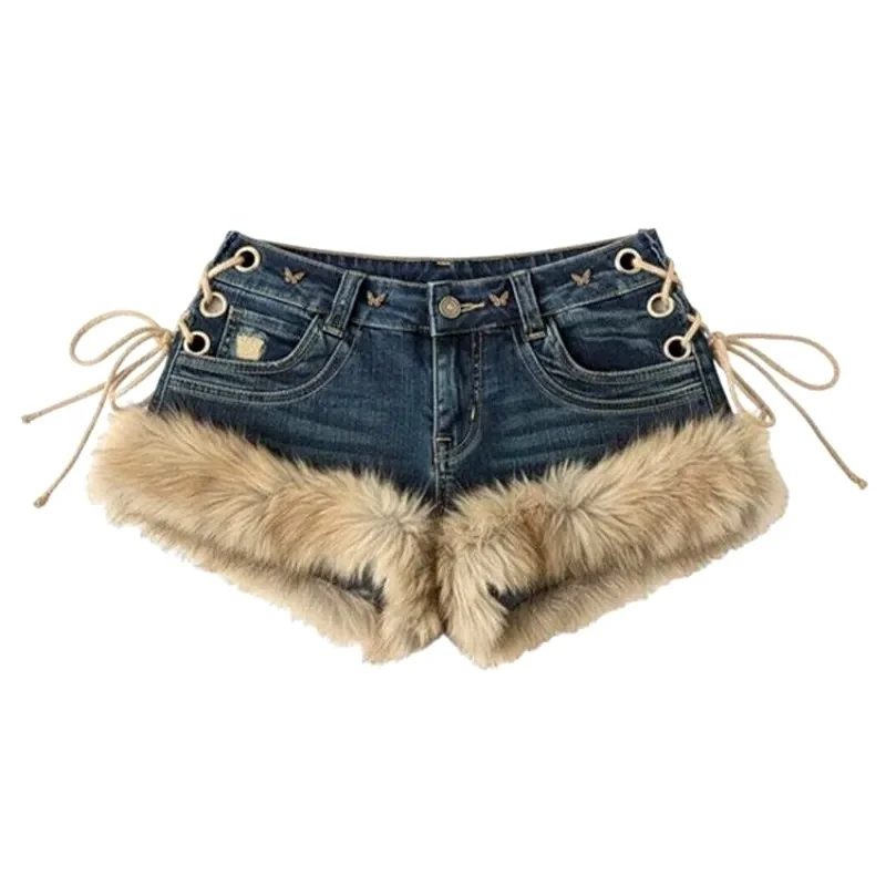 Womens Retro Fluffy Splicing Jeans Shorts