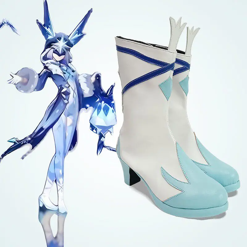 Anime Genshin Impact Fatui Cryo Cicin Mage Cosplay Shoes Light Blue High Heels Short PU Leather Boots For Halloween Carnival