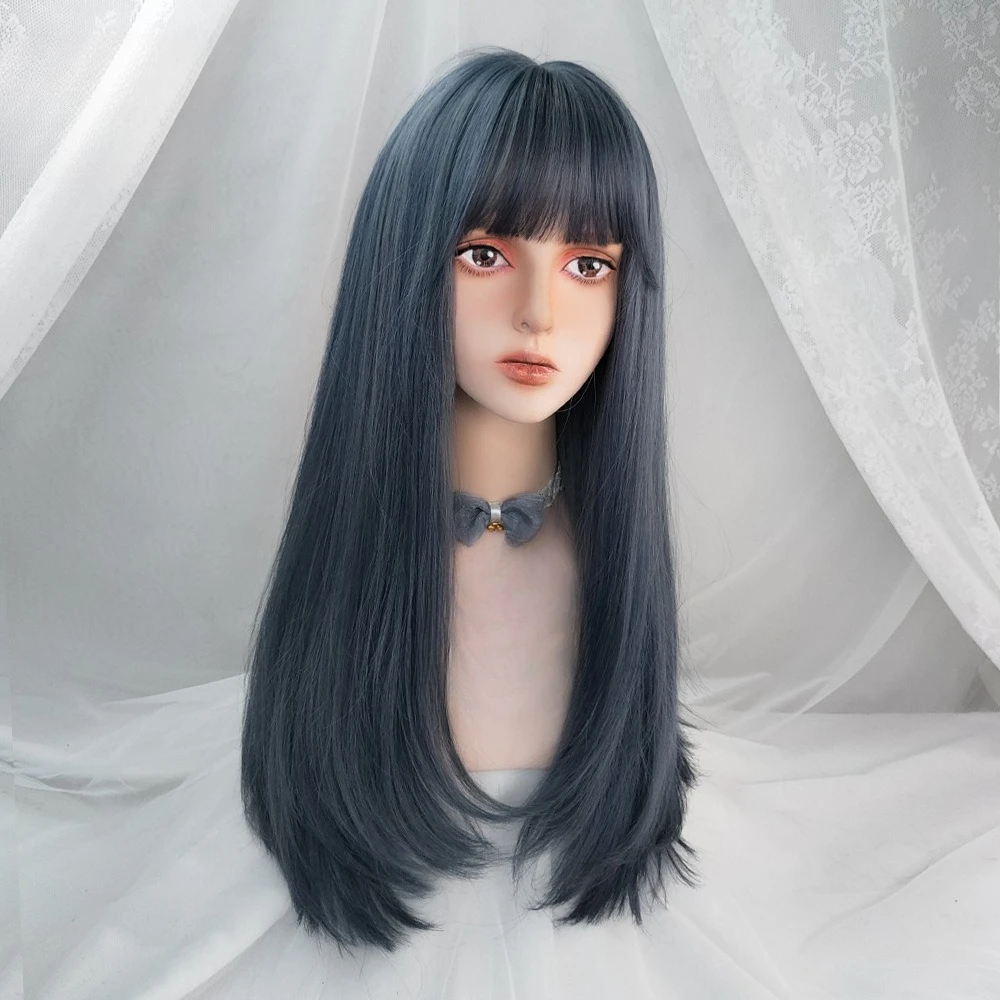 

Long straight hair inner buckle wig blue gray high temperature silk full head cover natural Korean bangs
