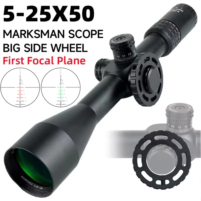 

5-25X50 First Focal Plane Rifle Scope Hunting Tactical Riflescope Side Wheel Parallax Lock System Red Green Optics Reticle Sight