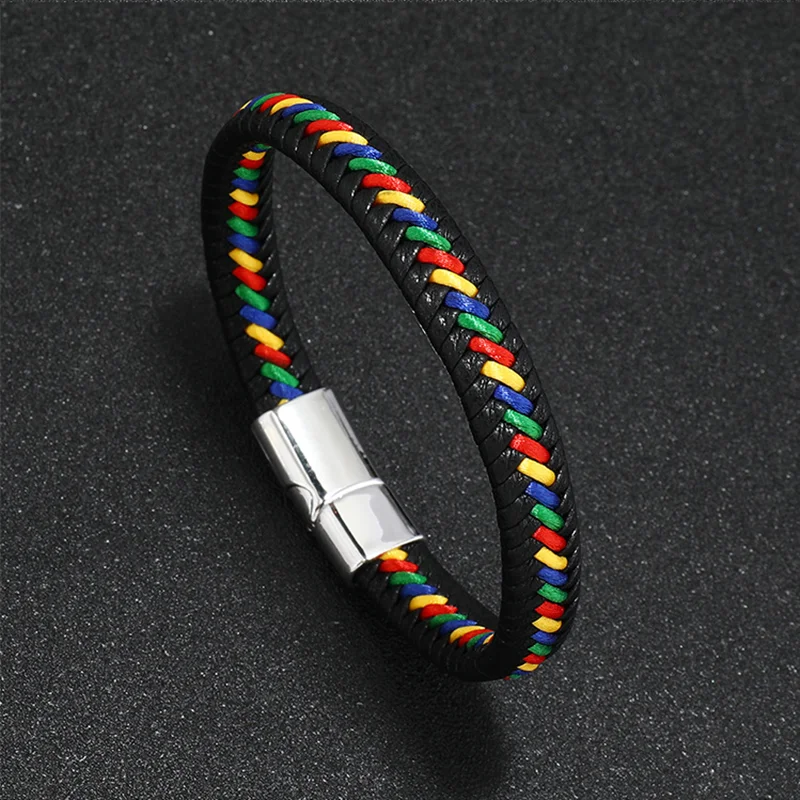 Trendy Leather Braided Bracelet Alloy Magnetic Clasp Bracelets for Men