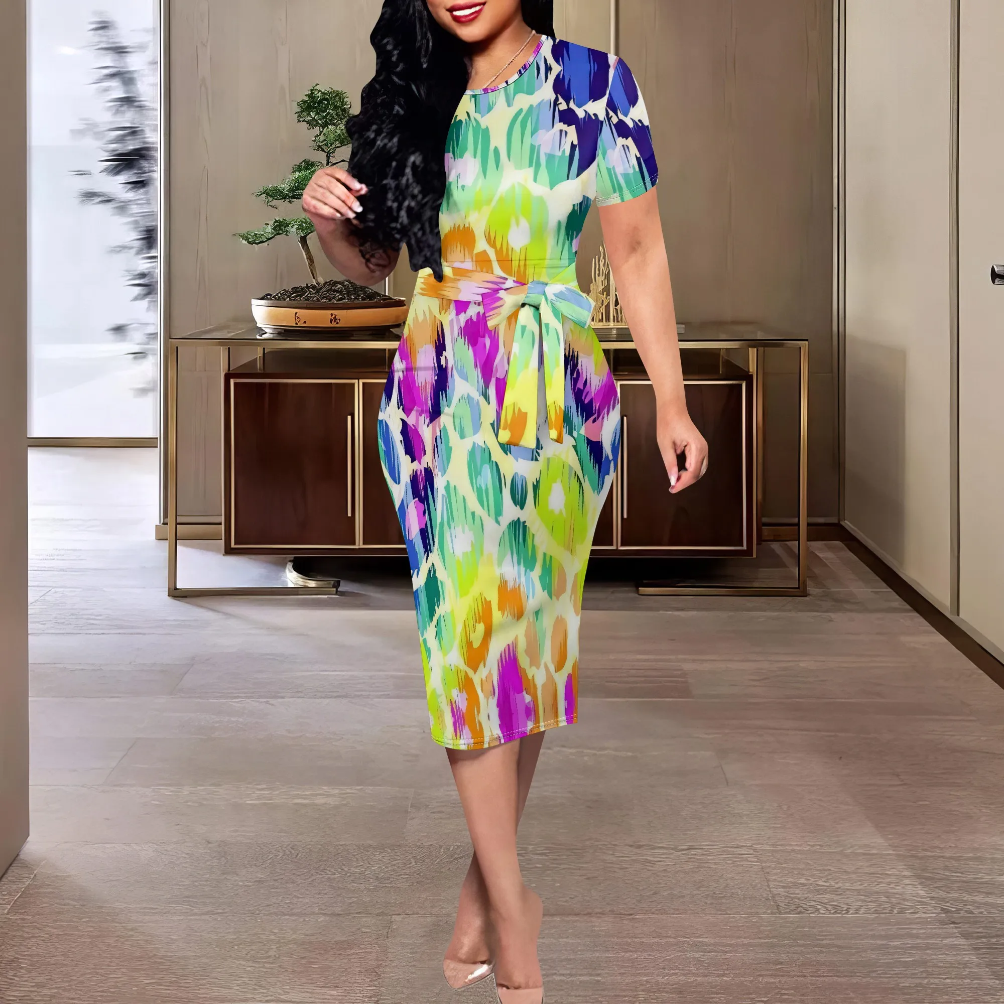 الملونة مجردة ليوبارد طباعة Bodycon اللباس المرأة مربوط قصيرة الأكمام سليم صالح ميدي