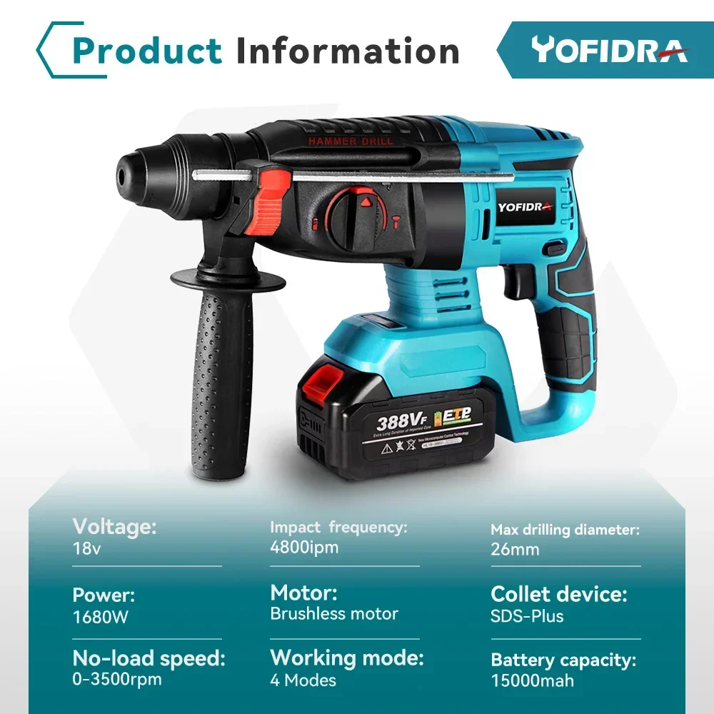 YOFIDRA 26MM Brushless Electric Hammer Drill Multifunctional Rotary Cordless Rechargeable Power Tools For Makita 18V Battery