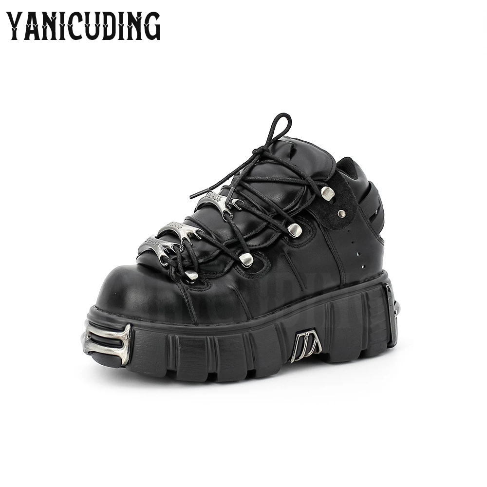 Gothic Punk Women Casual Shoes Metallic Locomotive Shoes Lace-Up Platform Black Leather Shoes Fashion Designer Rock Style Shoes