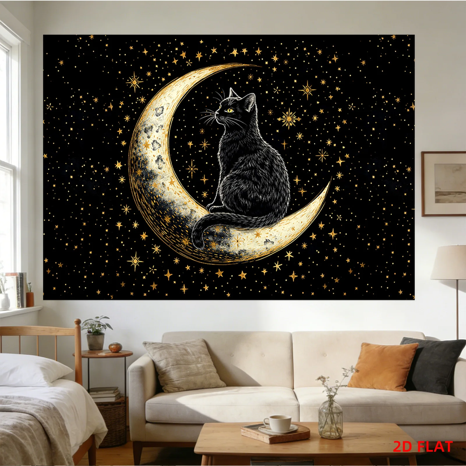 Aesthetic Cosmic Cat and Moon Tapestry Wall Hanging Celestial Star Night Sky Boho Decor Art Large Size 180x280cm Room Decor