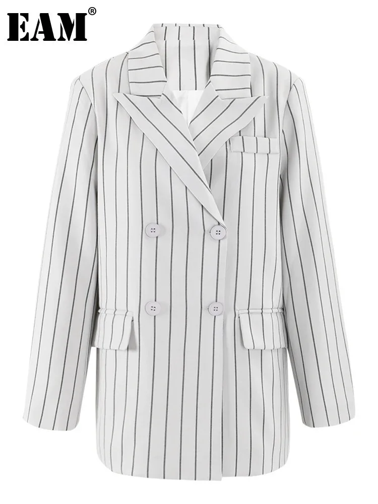 [EAM] Women White Striped Casual Blazer Loose New Lapel Long Sleeve Loose Fit Jacket Fashion Tide Spring Autumn 2024 CP2341