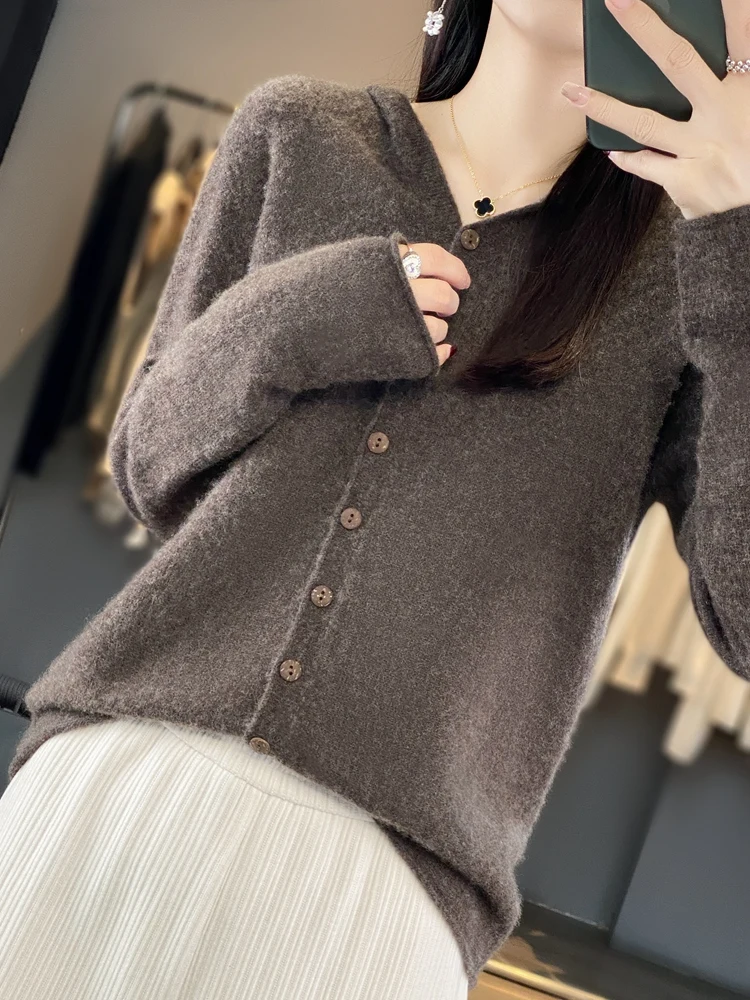 Yoyosreaching-Pull cardigan à capuche en laine mérinos pour femme, tricots en cachemire, pull basique, haut décontracté, vêtements d'automne et d'hiver, 100%