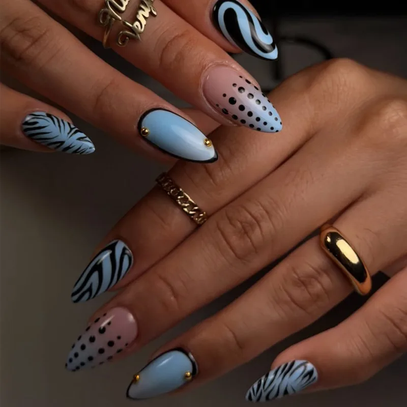 24PCS Almond Press on Nails Black Polka Dots Blue Stripes Texture French Fake Nails for Women Sweet Cool High-quality Nail Tips