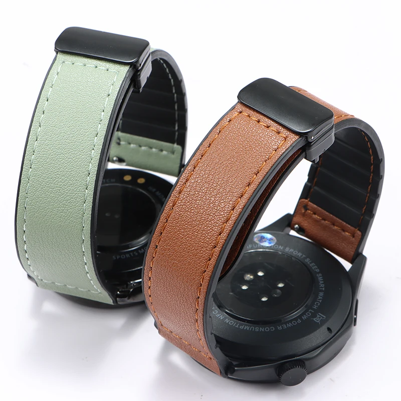 หนัง + ซิลิโคนถอดสายนาฬิกาได้อย่างรวดเร็วพร้อมตัวล็อคแม่เหล็ก 18 มม. 20 มม. 22 มม. สําหรับสร้อยข้อมือนาฬิกาสมาร์ท Huawei Samsung