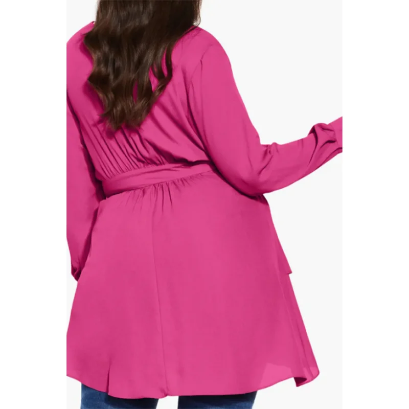 Female Plus Size Casual Rose Red High Low Long Sleeve Top Office Lady A-Line Lace-up Spring Autumn V-Neck Fashion Women's Top