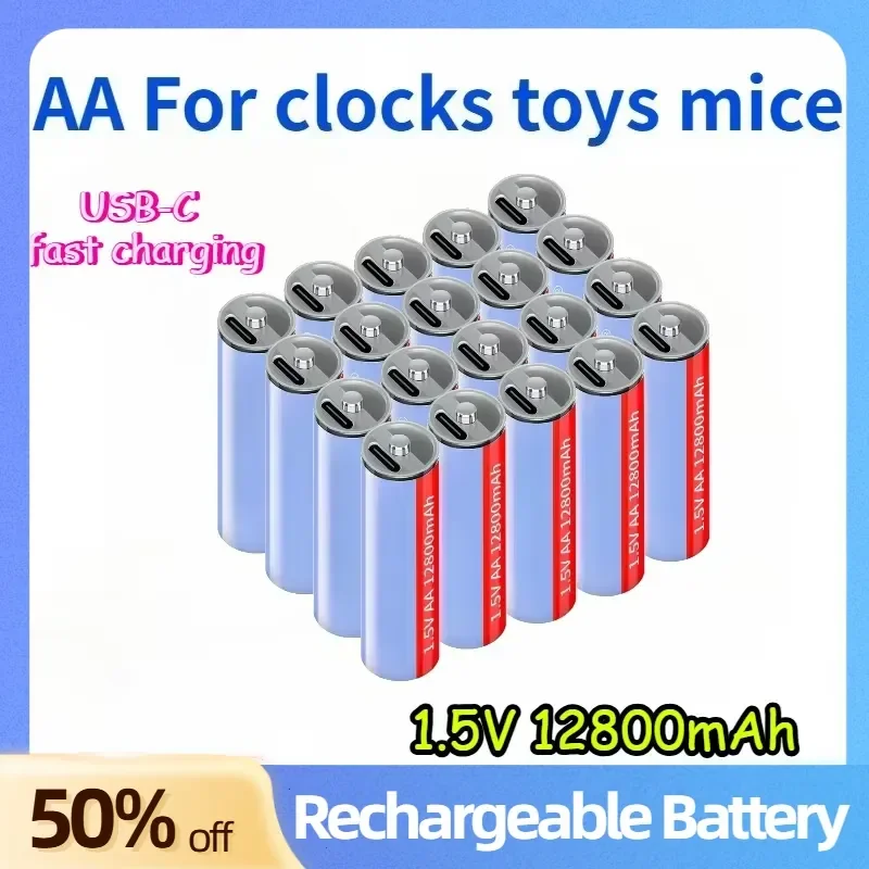High-quality 1.5V 12800mAh AA Rechargeable Lithium-ion Batteries with USB-C Fast Charging Suitable for Clocks Toys and Mice