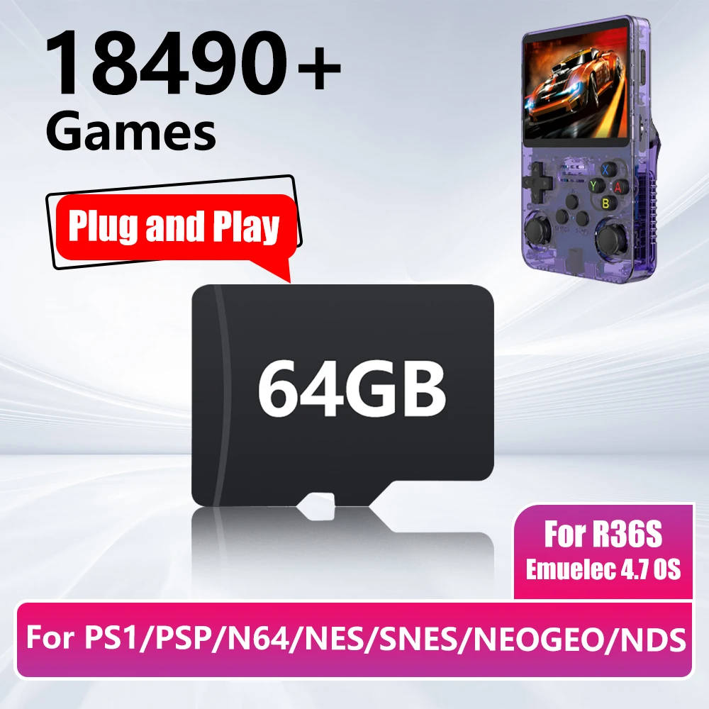 R36S 게임 콘솔용 64GB 게임 카드 (18490개 이상의 게임 및 PS1/PSP/N64/NES/SNES/NEOGEO/NDS 에뮬레이터, Emuelec 4.7, 플러그 앤 플레이 지원)