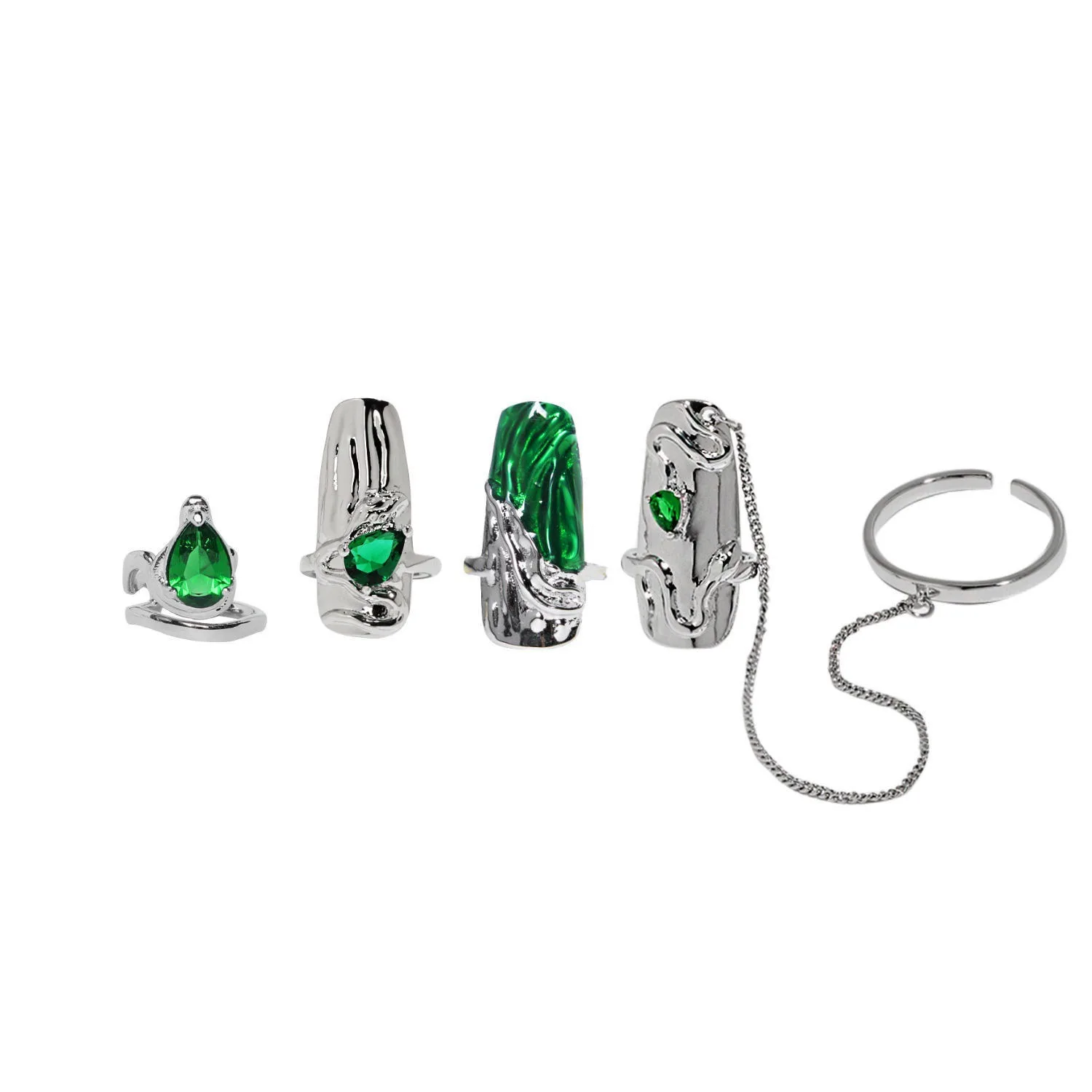 

4pc Europe and America Silver Color Decorate with Green Zircon, Drip Glue Nail Rings Women's Punk Rock Party Nail Ring