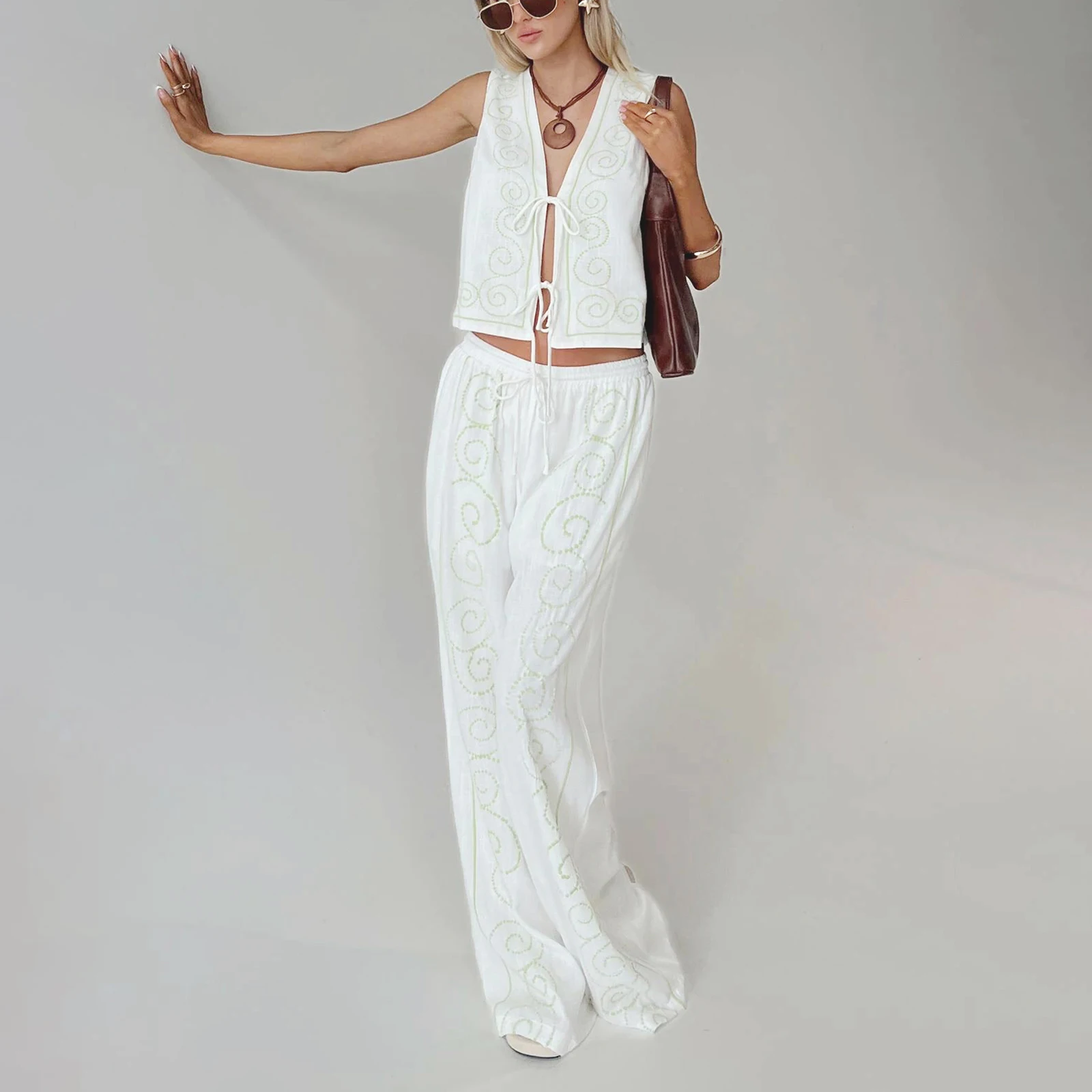 

Women Summer Pants Outfits Circle Embroidery Tie-Up Front Tank Tops Elastic Waist Long Pants 2 Pieces Clothes Set