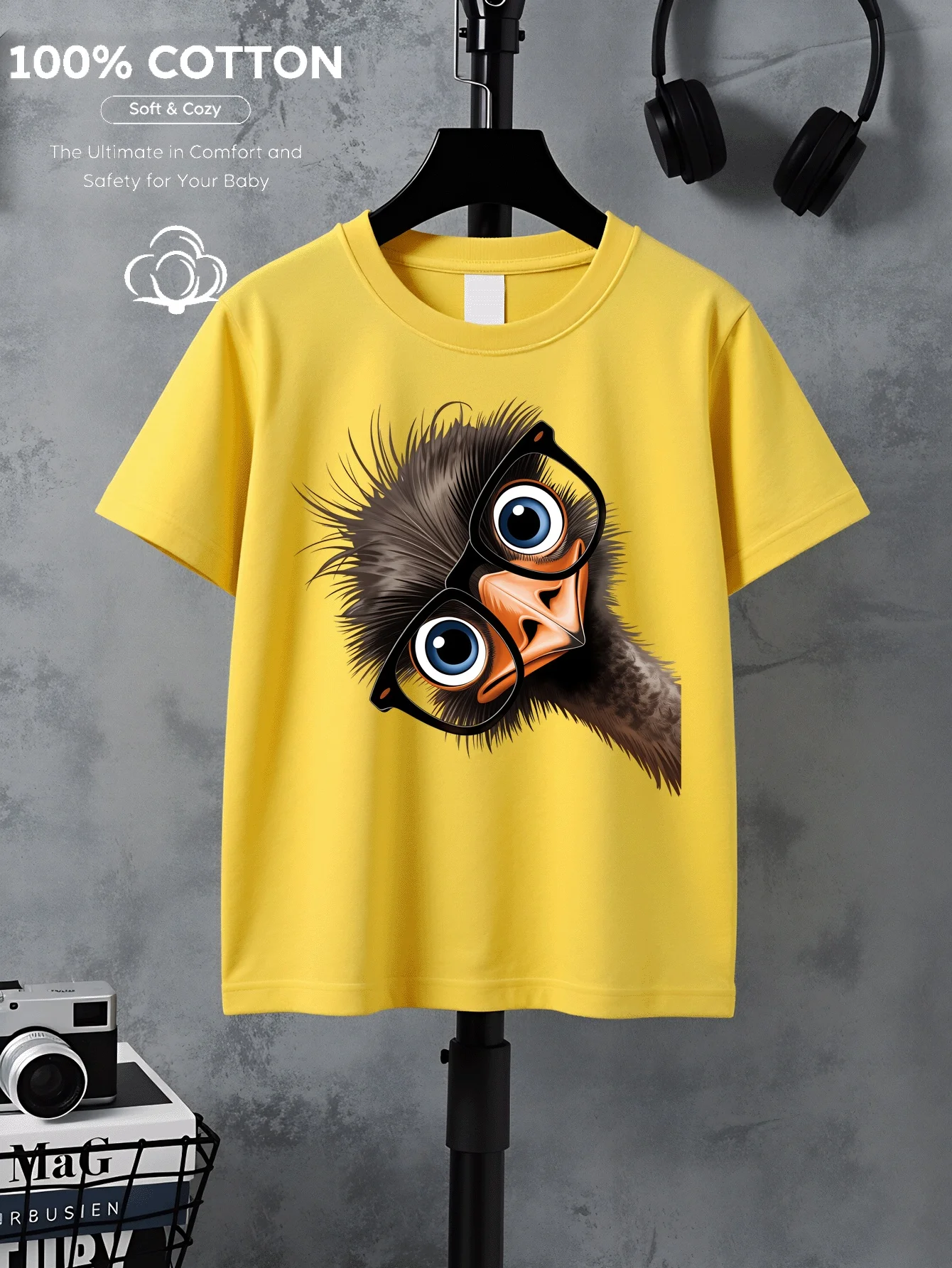 Funny Big Eyes Ostrich Glasses Pattern Short Sleeve Casual Wear Daily Versatile Male and Female Holiday Gifts Preferred