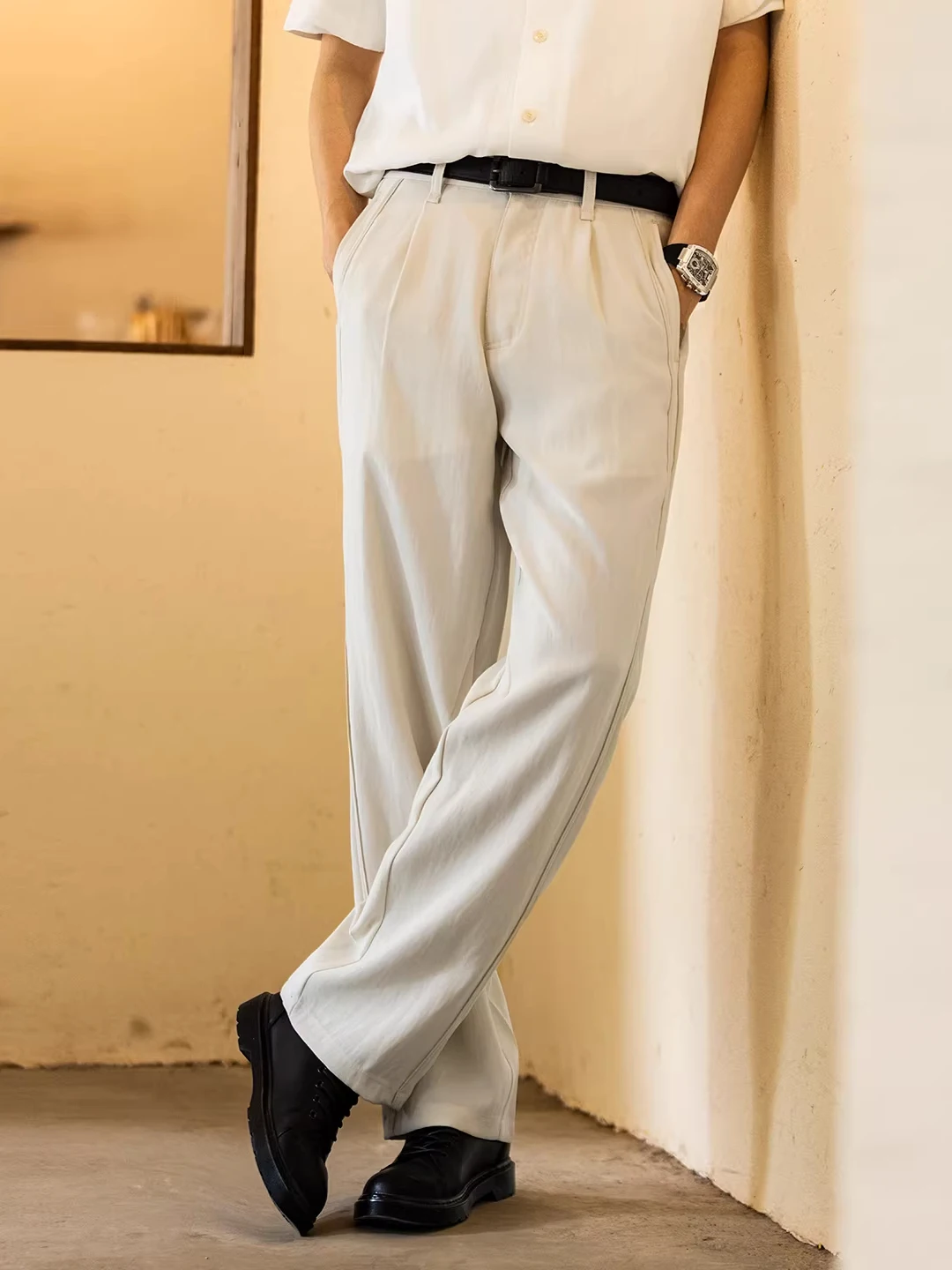 

Cleanfit Large Size Summer White Casual Pants Men's Loose Lazy Drape Straight Leg Pants Versatile Long Trousers