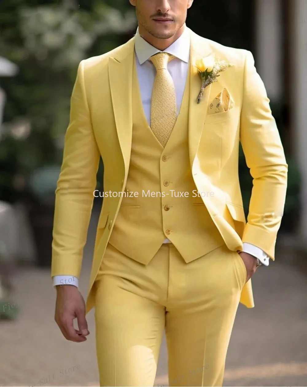 New Beige Suit Men Business Tuxedos Formal 3 Piece Set Jacket Vest Pants Single Breasted Groom Groomsman Prom Wedding Party